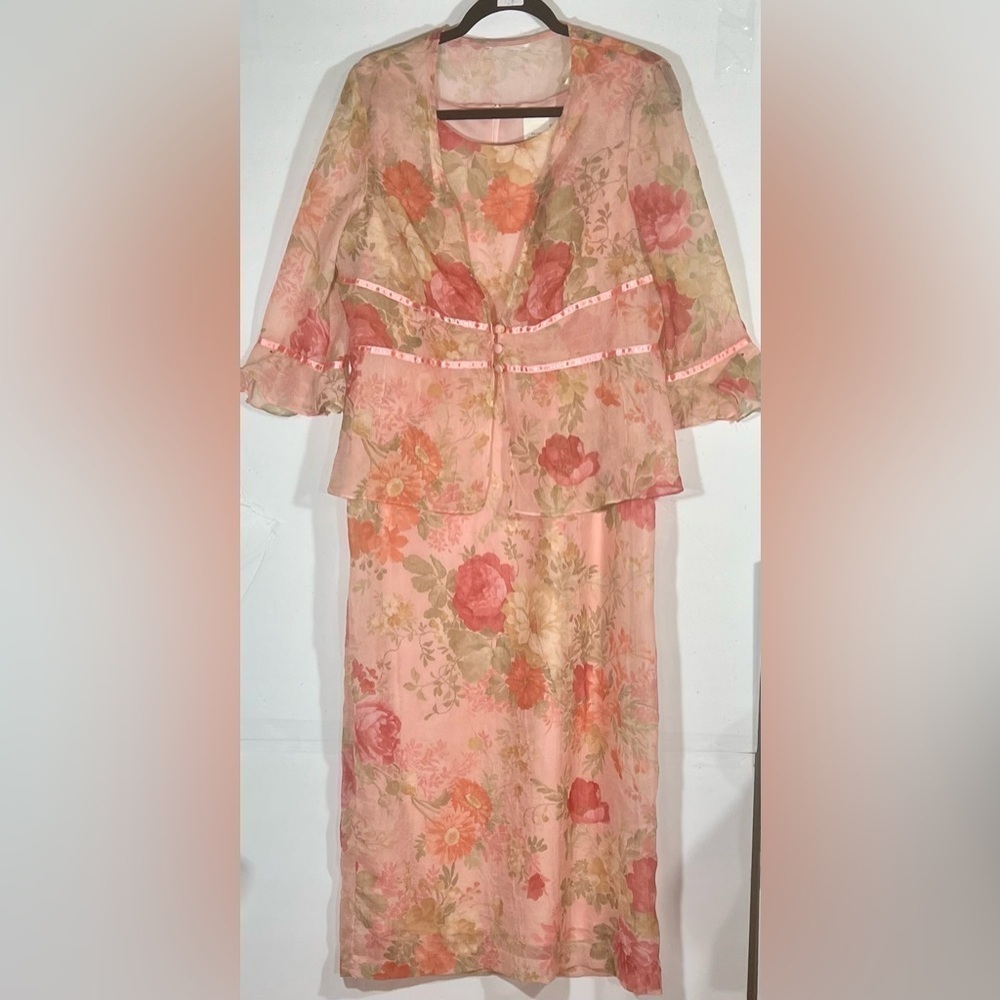 FLORAL DRESS WITH PINK TOP WATERCOLOR CRINKLE CHIFFON SLEEVELESS SIZE 12 - Picture 2 of 7